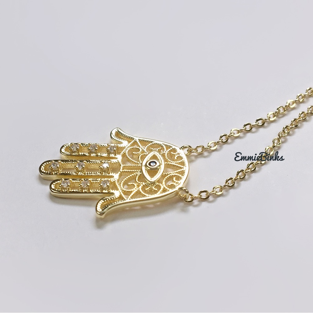 New Gold Dipped CZ Hamsa Hand Filigree Scroll Style Pendant Necklace - Picture 4 of 12